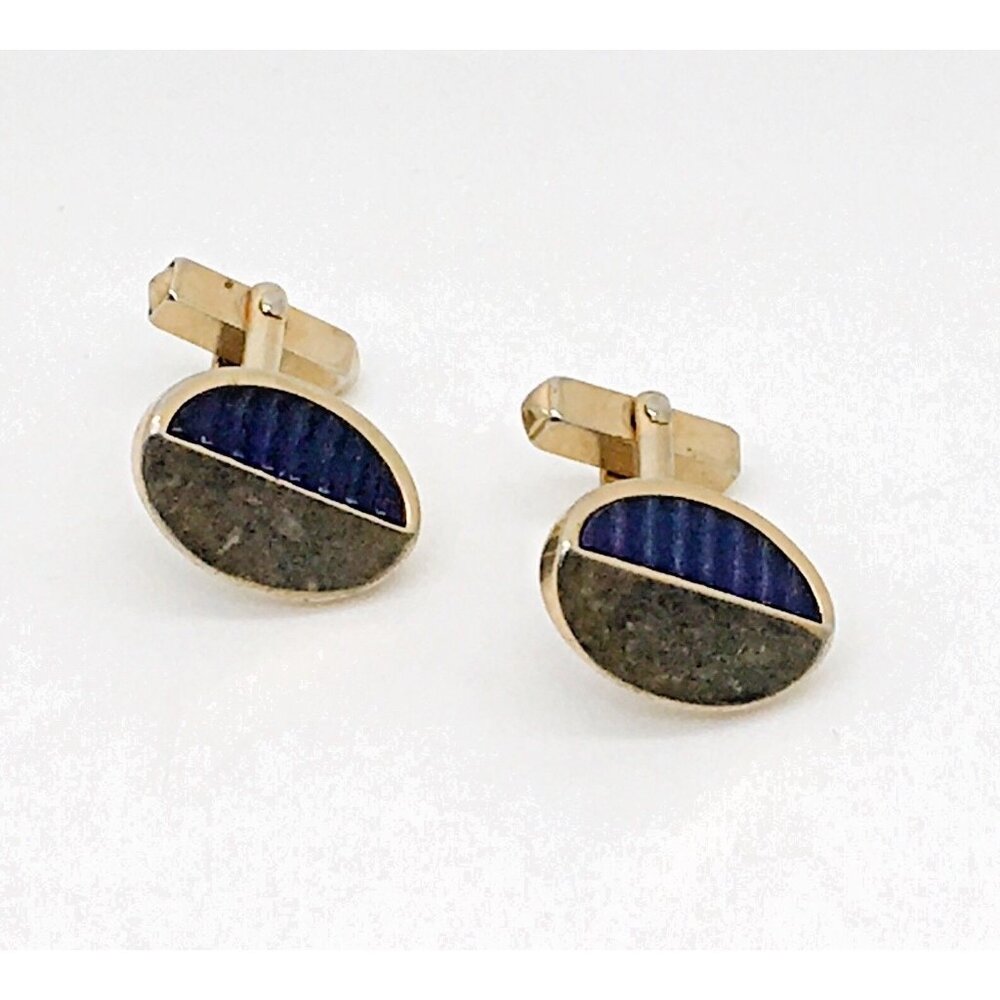 Swank Art Deco Cufflinks Blue Gold Tone Something Blue Oval Shape Vintage